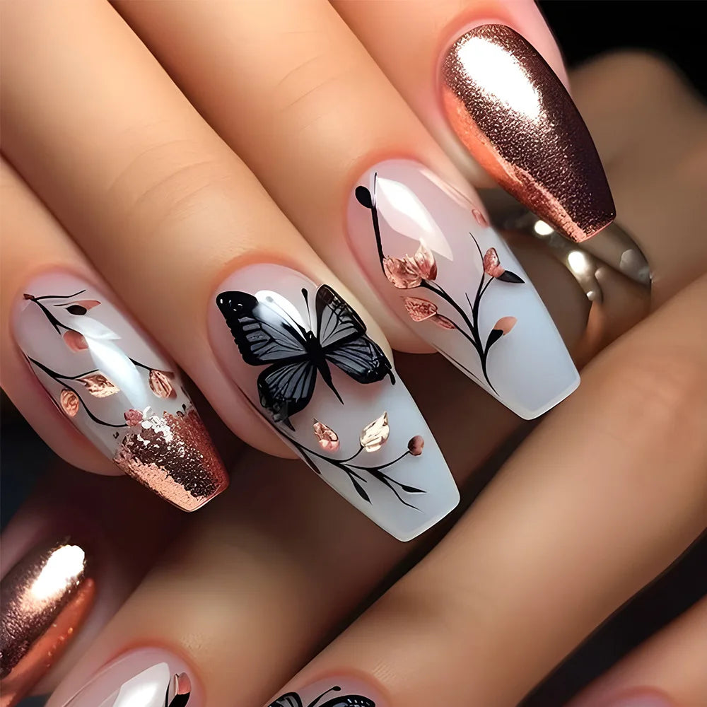 24pcs Golden Stripe Press on Nails Shiny Powder Love Design Long Square False Nails Wearable Full Cover Nail Tips Blue Fake Nail