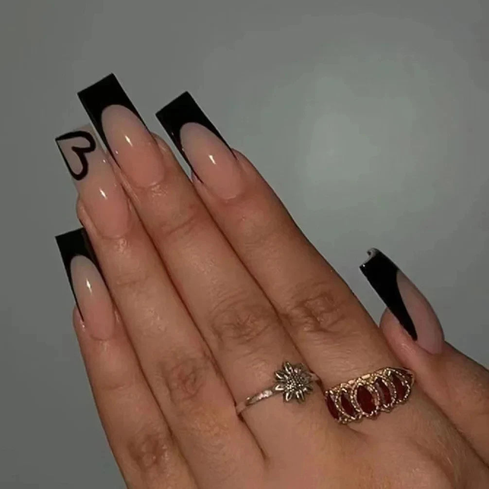 ARTAUG 24PCS Medium Ballerina Pink Nails Black French Tip Press On Nails Press On Nails Love Design Summer Nails Tipsy Cute Nail