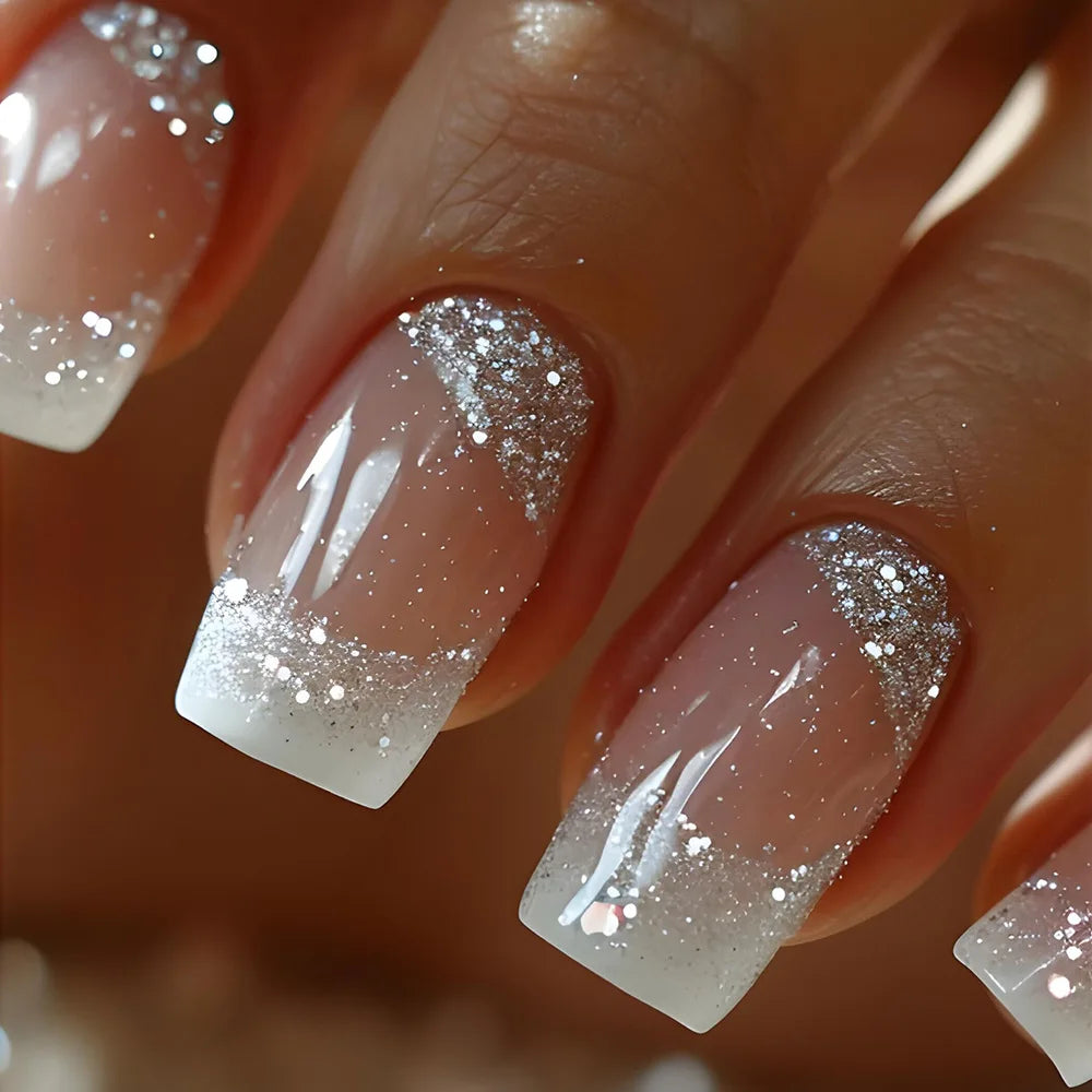 24pcs Golden Stripe Press on Nails Shiny Powder Love Design Long Square False Nails Wearable Full Cover Nail Tips Blue Fake Nail