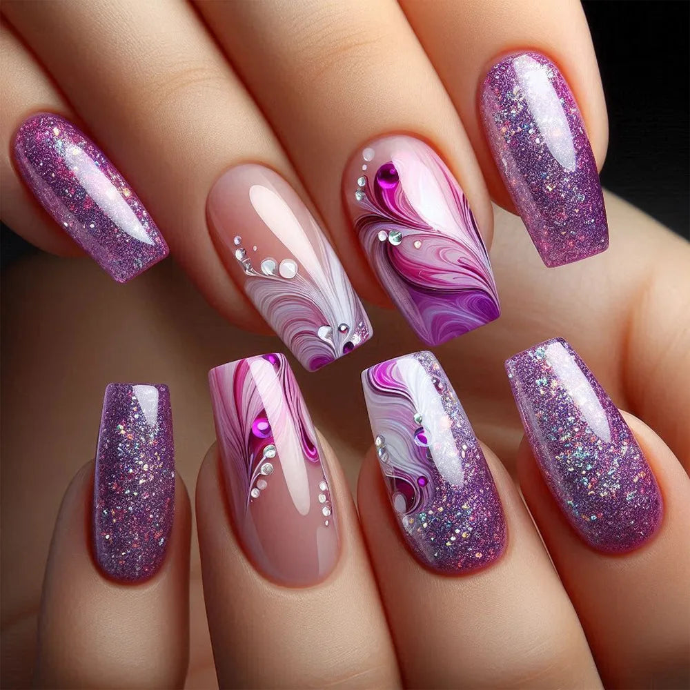 24pcs Golden Stripe Press on Nails Shiny Powder Love Design Long Square False Nails Wearable Full Cover Nail Tips Blue Fake Nail