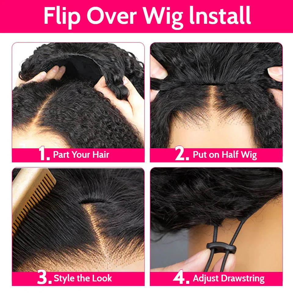 3 IN 1 Half Wigs Human Hair Kinky Curly Headband Wig Upgrade Glueless Wigs With Drawstring Seamless Clip Ins Flip Over