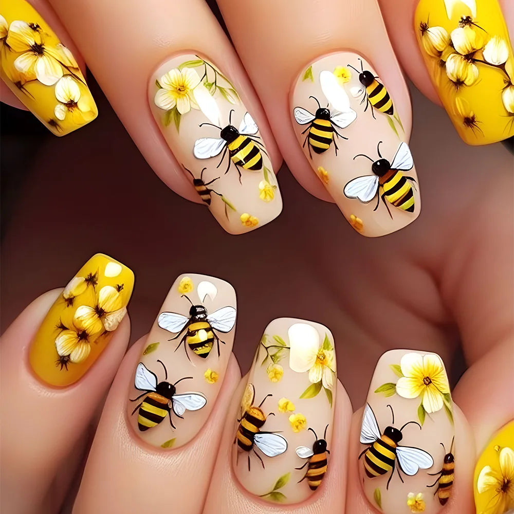 24pcs Golden Stripe Press on Nails Shiny Powder Love Design Long Square False Nails Wearable Full Cover Nail Tips Blue Fake Nail
