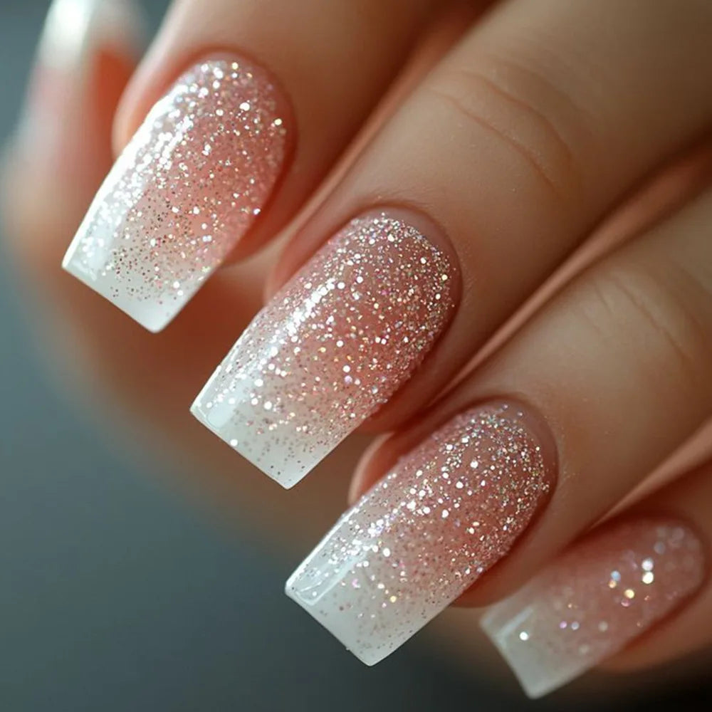 24pcs Golden Stripe Press on Nails Shiny Powder Love Design Long Square False Nails Wearable Full Cover Nail Tips Blue Fake Nail