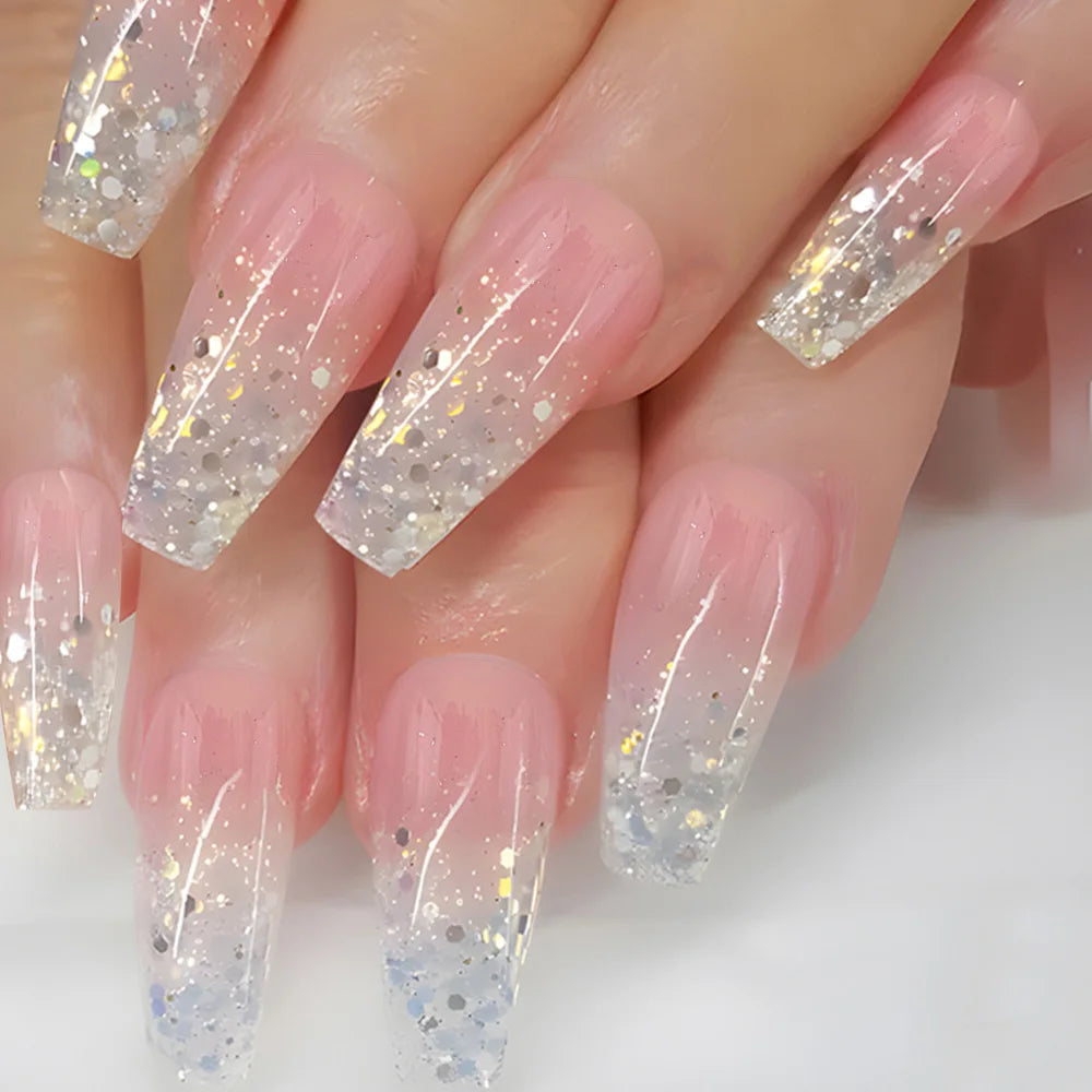 24pcs Golden Stripe Press on Nails Shiny Powder Love Design Long Square False Nails Wearable Full Cover Nail Tips Blue Fake Nail