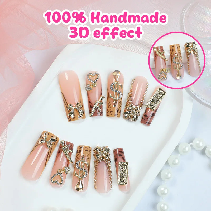 24pcs Y2k Long Coffin False Nails Leopard Print French Shiny Rhinestone Egde Fake Nail 3D Gold Bowknot Dollar Gun Press On Nails