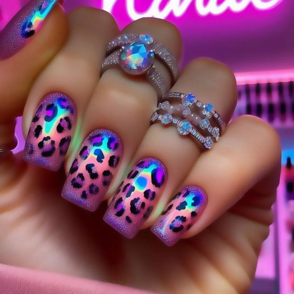 24pcs Golden Stripe Press on Nails Shiny Powder Love Design Long Square False Nails Wearable Full Cover Nail Tips Blue Fake Nail