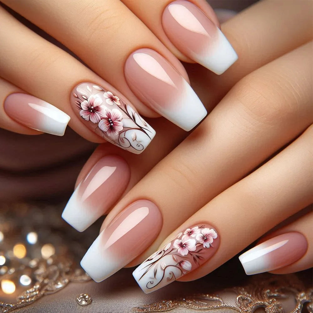 24pcs Golden Stripe Press on Nails Shiny Powder Love Design Long Square False Nails Wearable Full Cover Nail Tips Blue Fake Nail