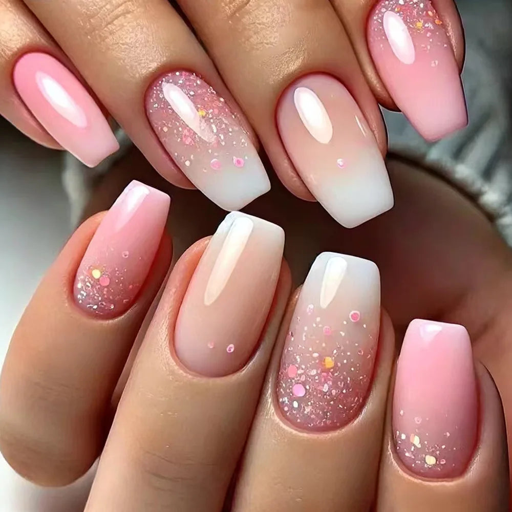 24pcs Golden Stripe Press on Nails Shiny Powder Love Design Long Square False Nails Wearable Full Cover Nail Tips Blue Fake Nail