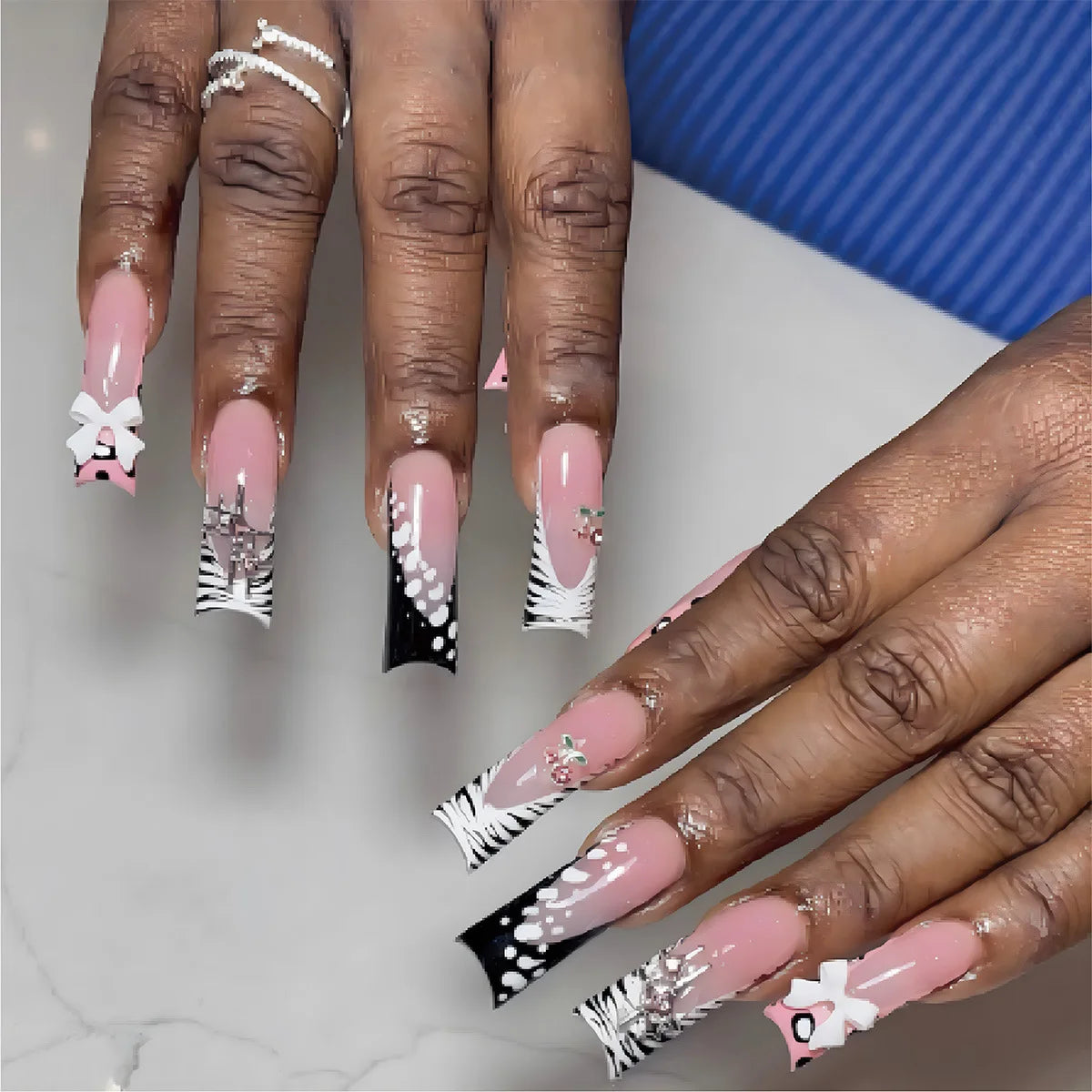 24pcs Y2k Long Coffin False Nails Leopard Print French Shiny Rhinestone Egde Fake Nail 3D Gold Bowknot Dollar Gun Press On Nails