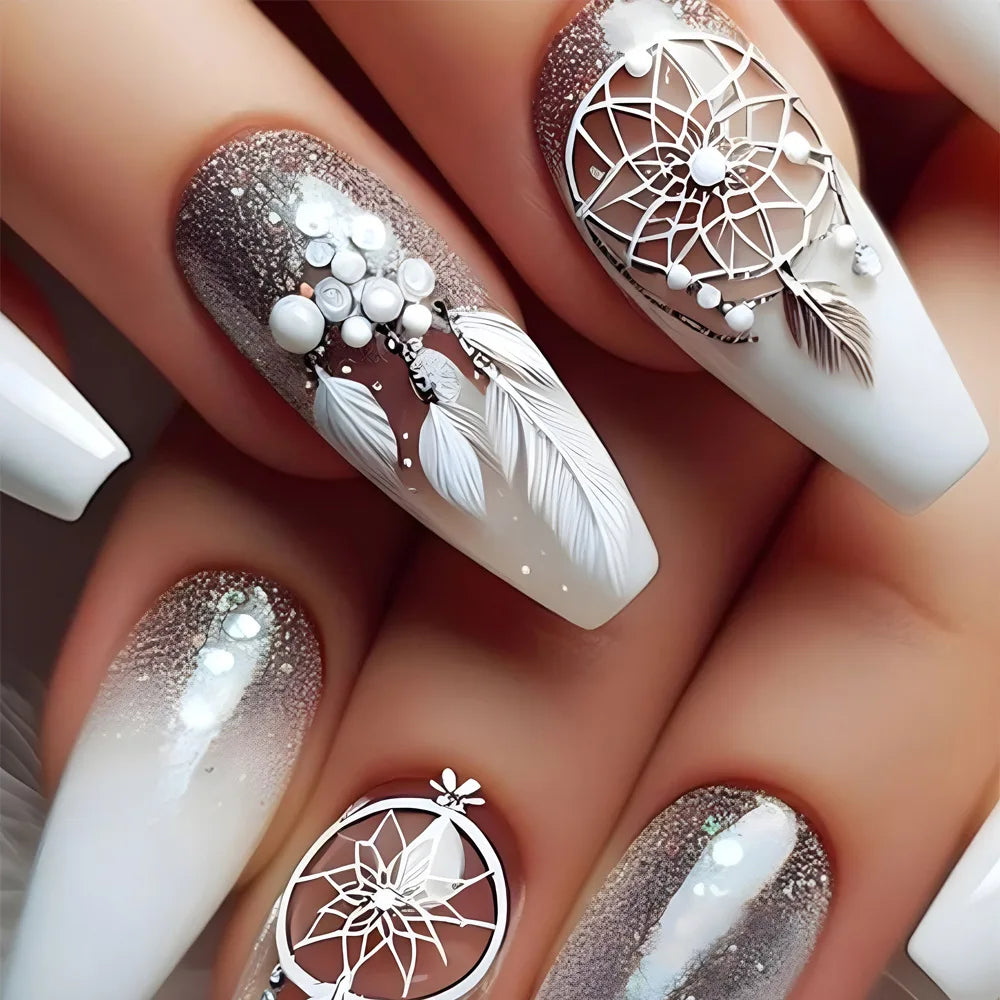 24pcs Golden Stripe Press on Nails Shiny Powder Love Design Long Square False Nails Wearable Full Cover Nail Tips Blue Fake Nail