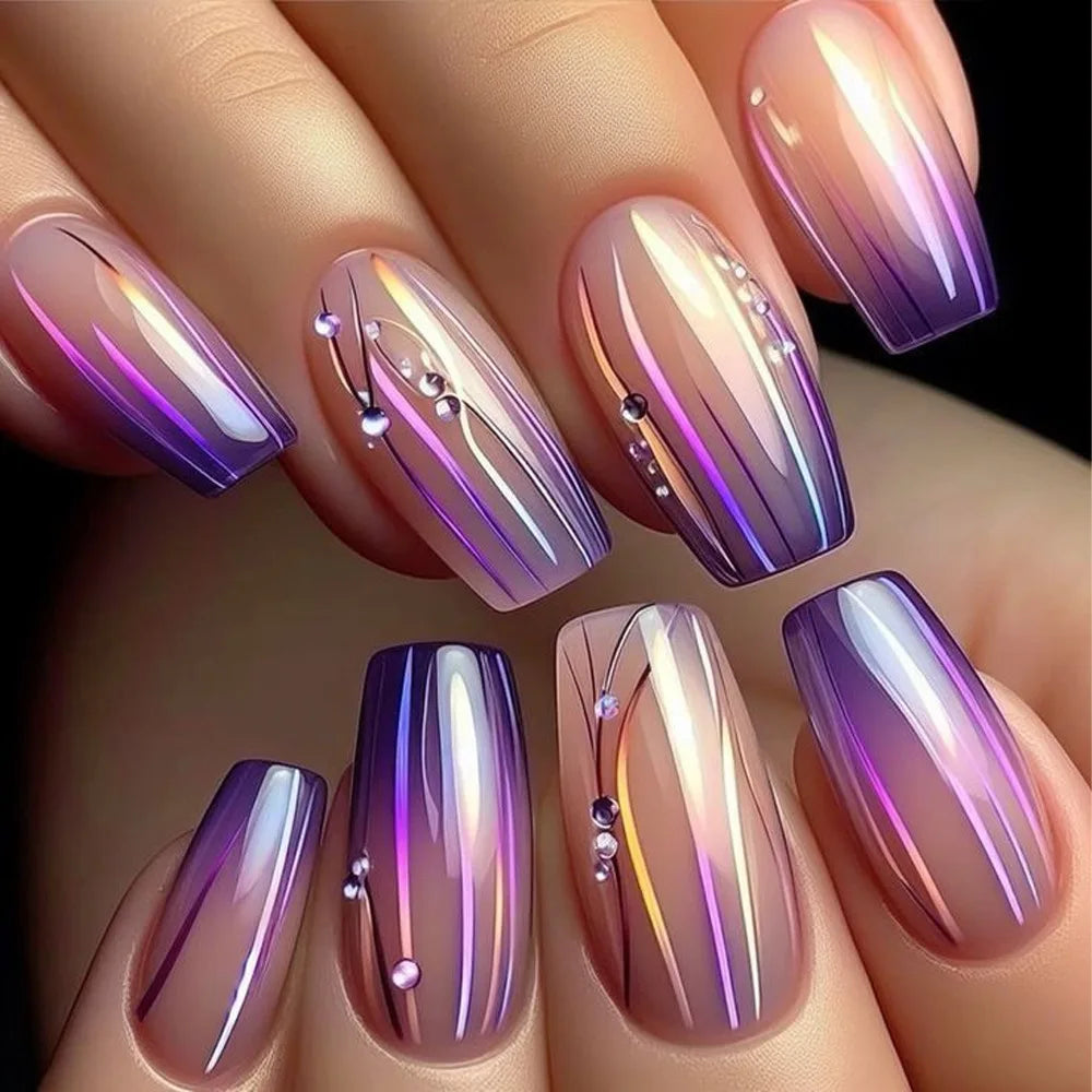 24pcs Golden Stripe Press on Nails Shiny Powder Love Design Long Square False Nails Wearable Full Cover Nail Tips Blue Fake Nail