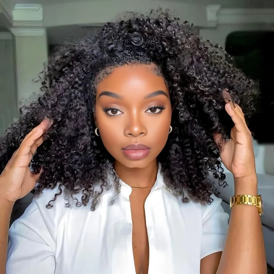 3 IN 1 Half Wigs Human Hair Kinky Curly Headband Wig Upgrade Glueless Wigs With Drawstring Seamless Clip Ins Flip Over