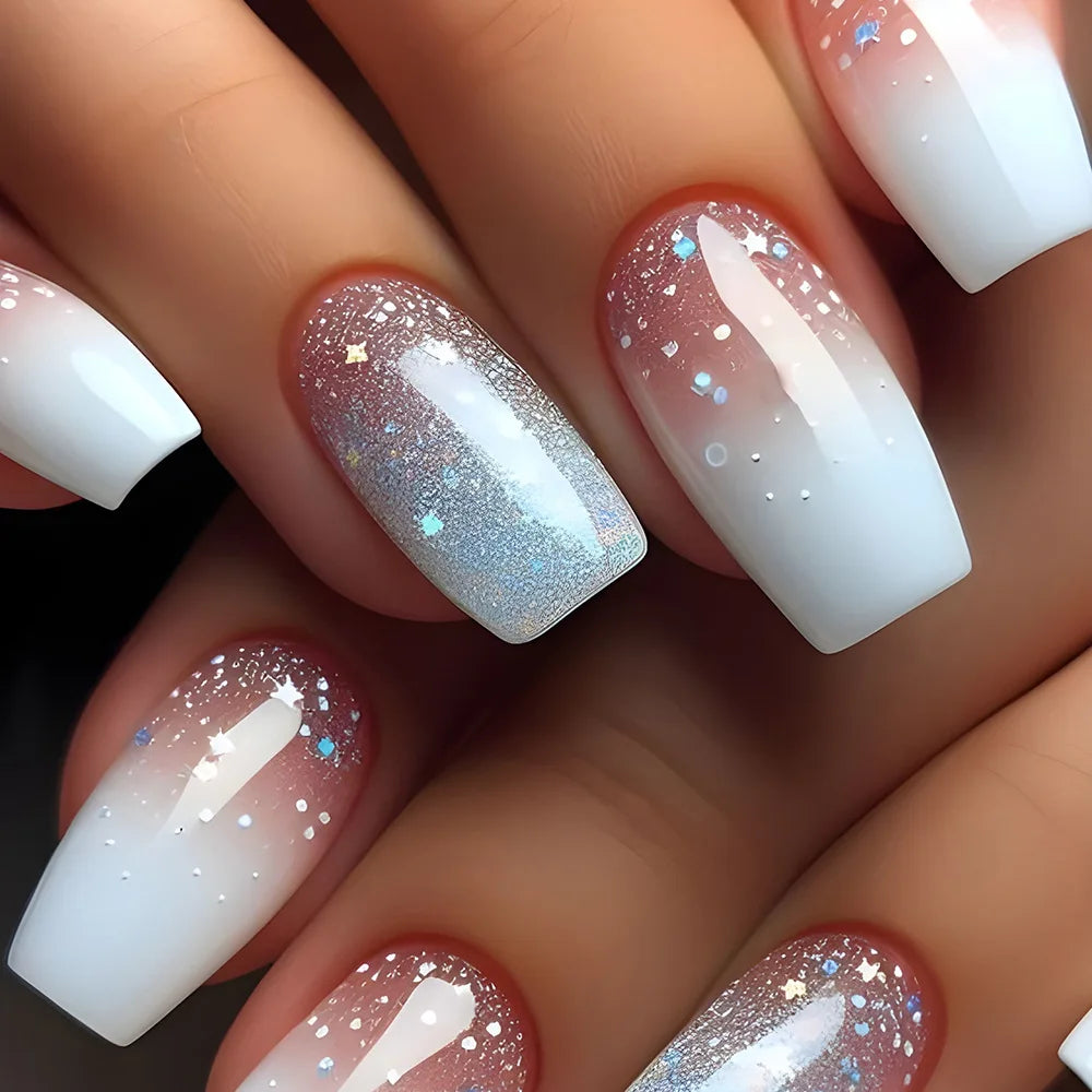 24pcs Golden Stripe Press on Nails Shiny Powder Love Design Long Square False Nails Wearable Full Cover Nail Tips Blue Fake Nail