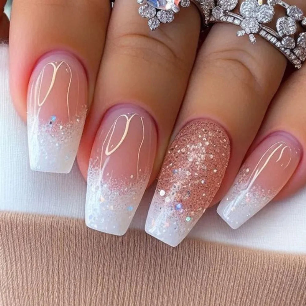 24pcs Golden Stripe Press on Nails Shiny Powder Love Design Long Square False Nails Wearable Full Cover Nail Tips Blue Fake Nail