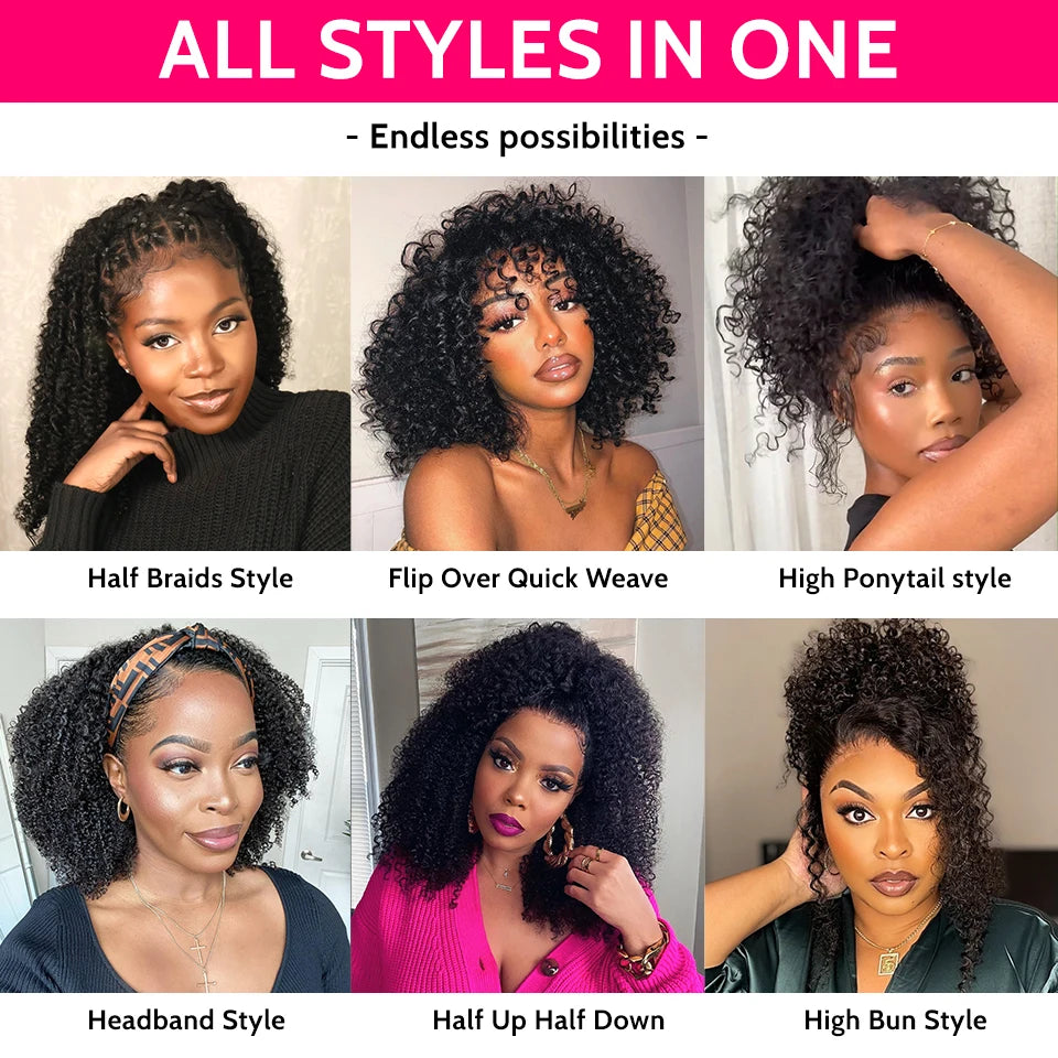 3 IN 1 Half Wigs Human Hair Kinky Curly Headband Wig Upgrade Glueless Wigs With Drawstring Seamless Clip Ins Flip Over