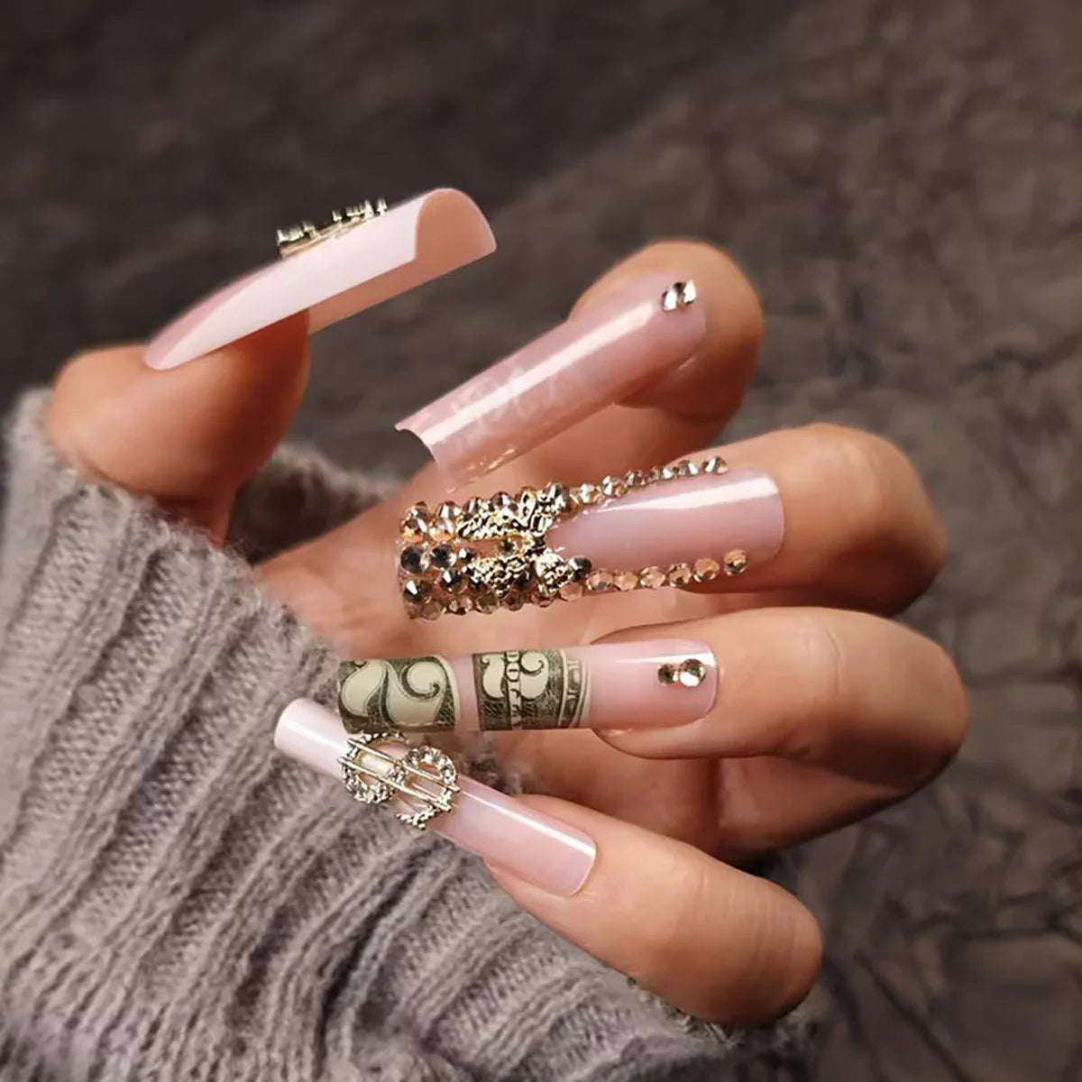 24pcs Y2k Long Coffin False Nails Leopard Print French Shiny Rhinestone Egde Fake Nail 3D Gold Bowknot Dollar Gun Press On Nails