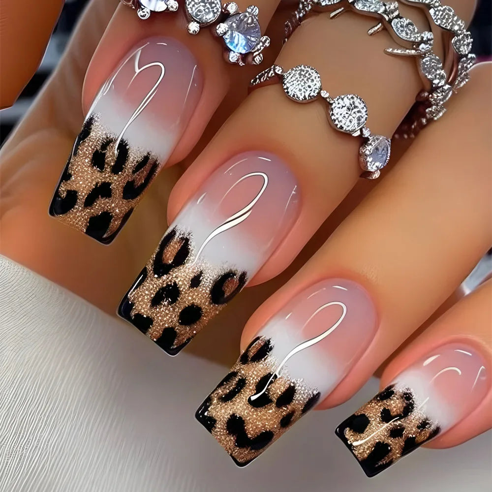 24pcs Golden Stripe Press on Nails Shiny Powder Love Design Long Square False Nails Wearable Full Cover Nail Tips Blue Fake Nail