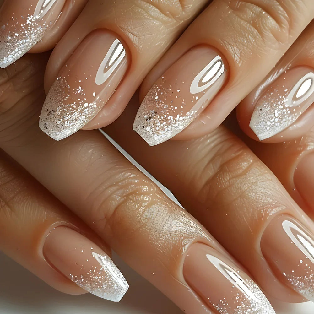 24pcs Golden Stripe Press on Nails Shiny Powder Love Design Long Square False Nails Wearable Full Cover Nail Tips Blue Fake Nail