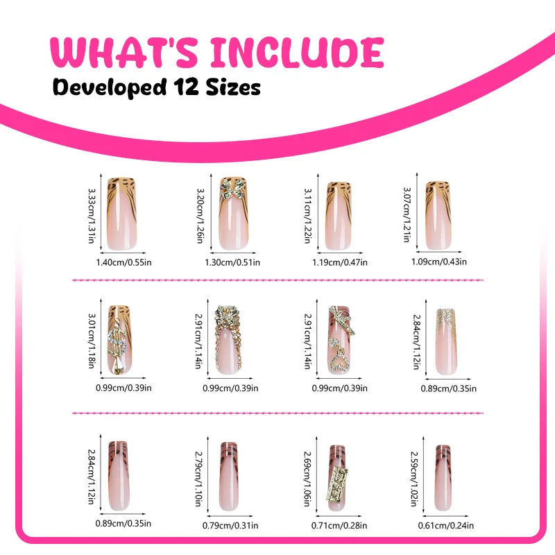 24pcs Y2k Long Coffin False Nails Leopard Print French Shiny Rhinestone Egde Fake Nail 3D Gold Bowknot Dollar Gun Press On Nails