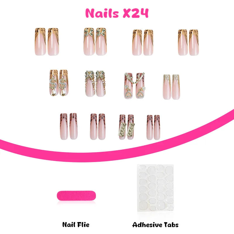 24pcs Y2k Long Coffin False Nails Leopard Print French Shiny Rhinestone Egde Fake Nail 3D Gold Bowknot Dollar Gun Press On Nails
