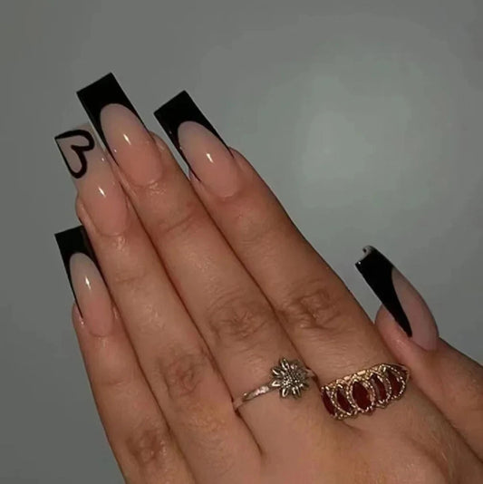 ARTAUG 24PCS Medium Ballerina Pink Nails Black French Tip Press On Nails Press On Nails Love Design Summer Nails Tipsy Cute Nail