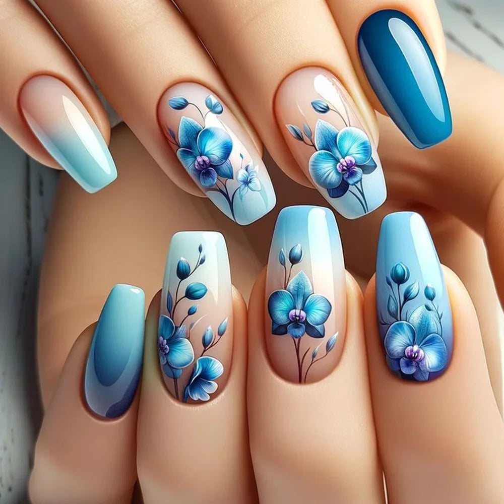 24pcs Golden Stripe Press on Nails Shiny Powder Love Design Long Square False Nails Wearable Full Cover Nail Tips Blue Fake Nail
