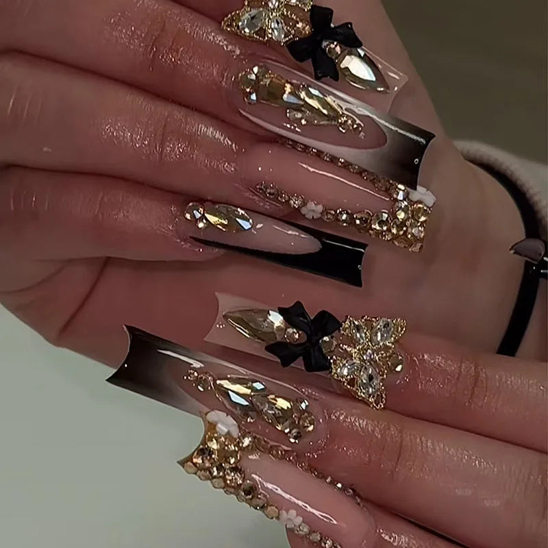 24pcs Y2k Long Coffin False Nails Leopard Print French Shiny Rhinestone Egde Fake Nail 3D Gold Bowknot Dollar Gun Press On Nails