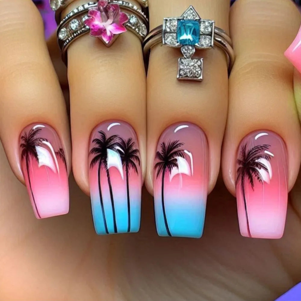 24pcs Golden Stripe Press on Nails Shiny Powder Love Design Long Square False Nails Wearable Full Cover Nail Tips Blue Fake Nail
