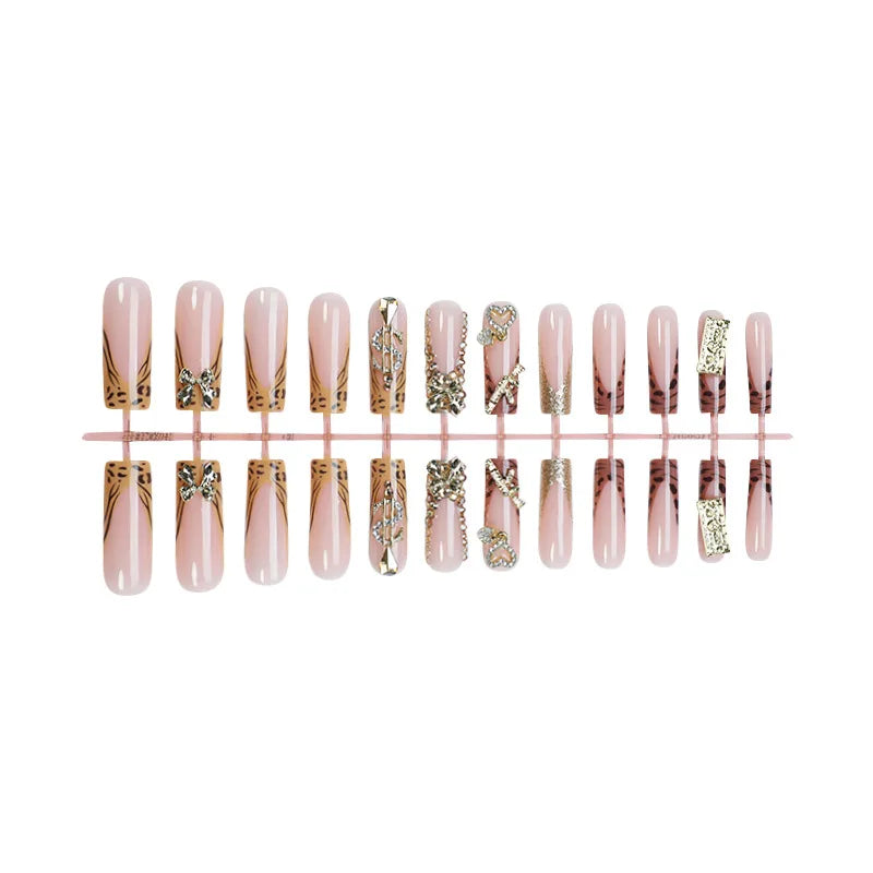 24pcs Y2k Long Coffin False Nails Leopard Print French Shiny Rhinestone Egde Fake Nail 3D Gold Bowknot Dollar Gun Press On Nails