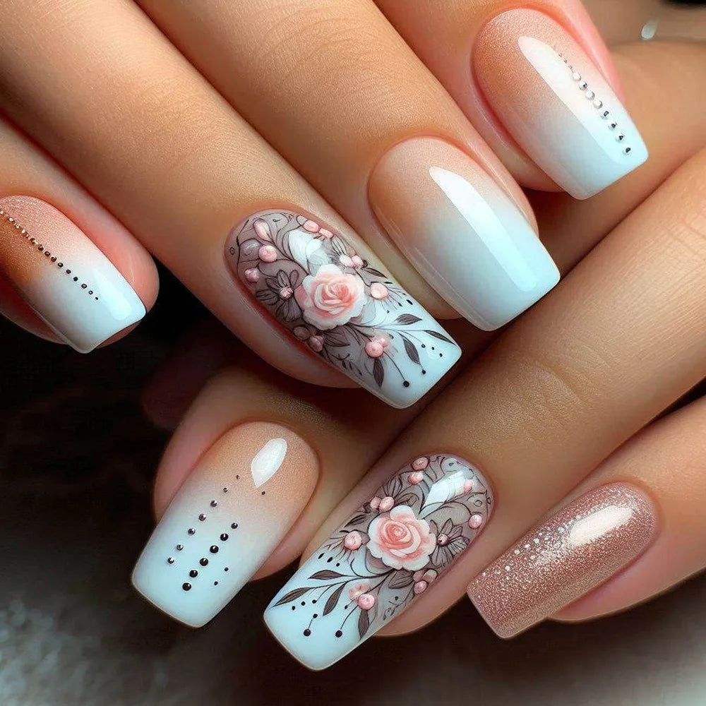24pcs Golden Stripe Press on Nails Shiny Powder Love Design Long Square False Nails Wearable Full Cover Nail Tips Blue Fake Nail