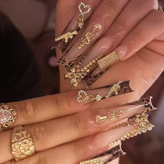 24pcs Y2k Long Coffin False Nails Leopard Print French Shiny Rhinestone Egde Fake Nail 3D Gold Bowknot Dollar Gun Press On Nails